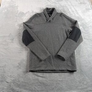 Ibex Sweater Men Large Gray Shawl Collar Wool Knit Pullover Elbow Patch USA READ